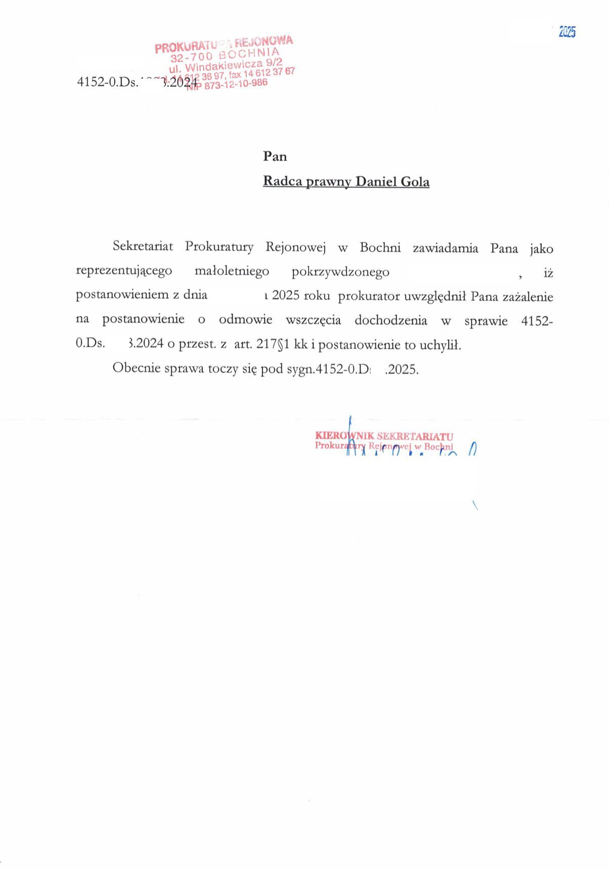 Prokuratura Rejonowa w Bochni - zażalenie adwokat Bochnia - radca prawny Bochnia